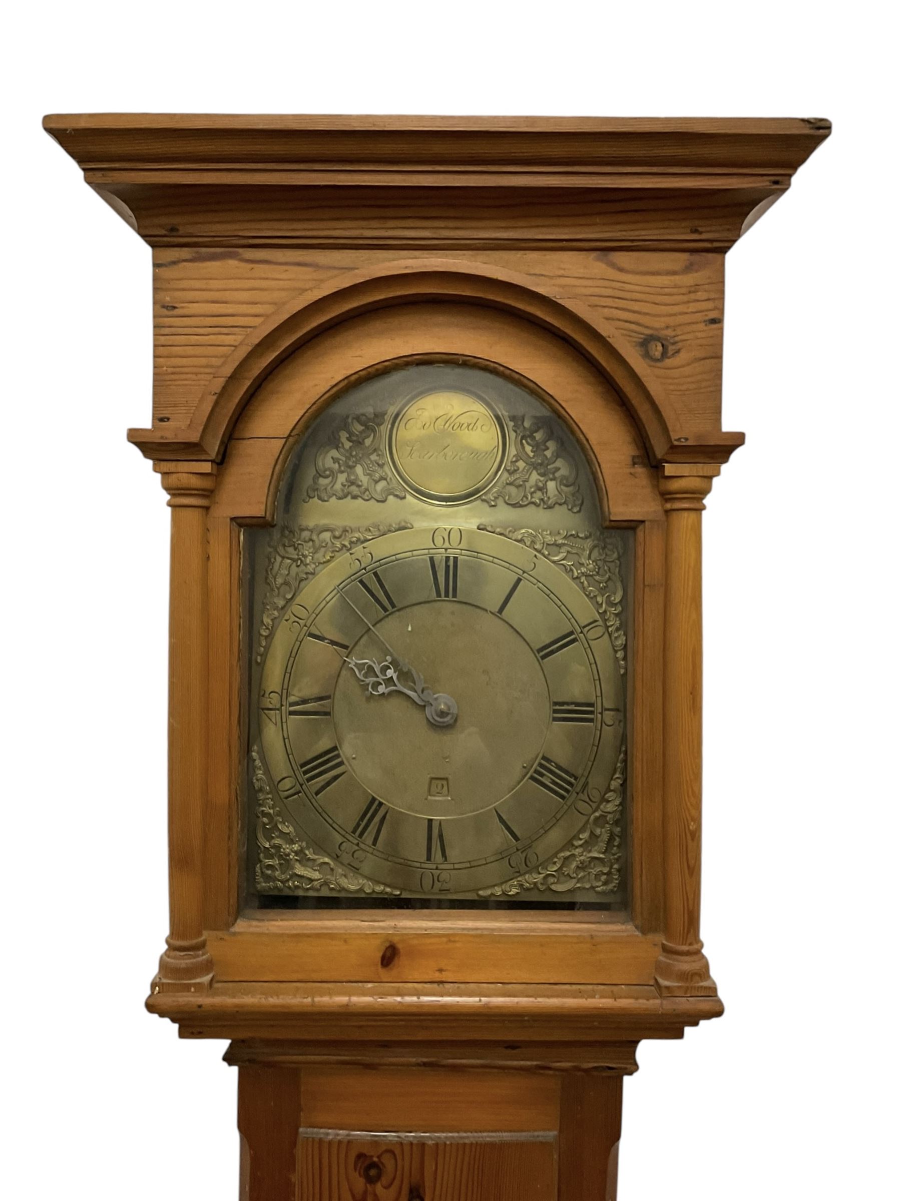 Joseph Wood of Scarborough -  mid 18th century 30 hour pine cased Longcase clock with a flat pediment and broad cornice, break arch hood door with attached pilasters, rectangular trunk with a flat topped full length door with  inlay, on a rectangular plinth with a shaped base, brass dial with cast spandrels and makers name to the arch, plain dial centre with a square date aperture and original steel hands, chapter with Roman numerals, five minute Arabic's and minute track, dial pinned directly to a rope driven countwheel striking movement, striking the hours on a bell. With weight and pendulum. 
Joseph Wood is recorded as a clockmaker in Whitby c1760, however a number of his clocks are found signed Scarborough. It is thought he probably moved to Scarborough later in the 18th century or he possibly sold his clocks via a journeyman in Scarborough.