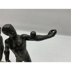 Bronzed model of the discus thrower and another of a episkyros player, both raised upon retangular plinths, H18cm