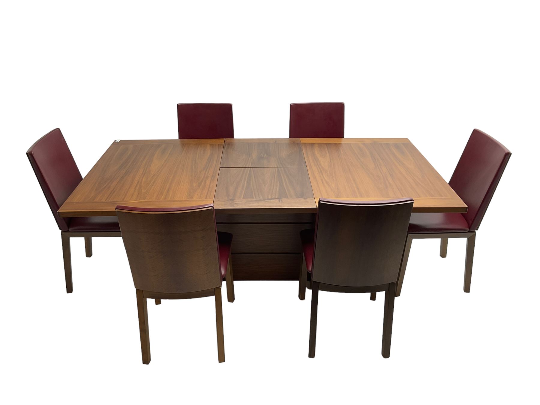 Skovby - Danish mid-20th century design teak extending dining table, rectangular top on pedestal base (W146cm D99cm H92cm); Skovby - set six Danish stained beech dining chairs, back and seat upholstered in oxblood faux leather (W47cm H90cm)