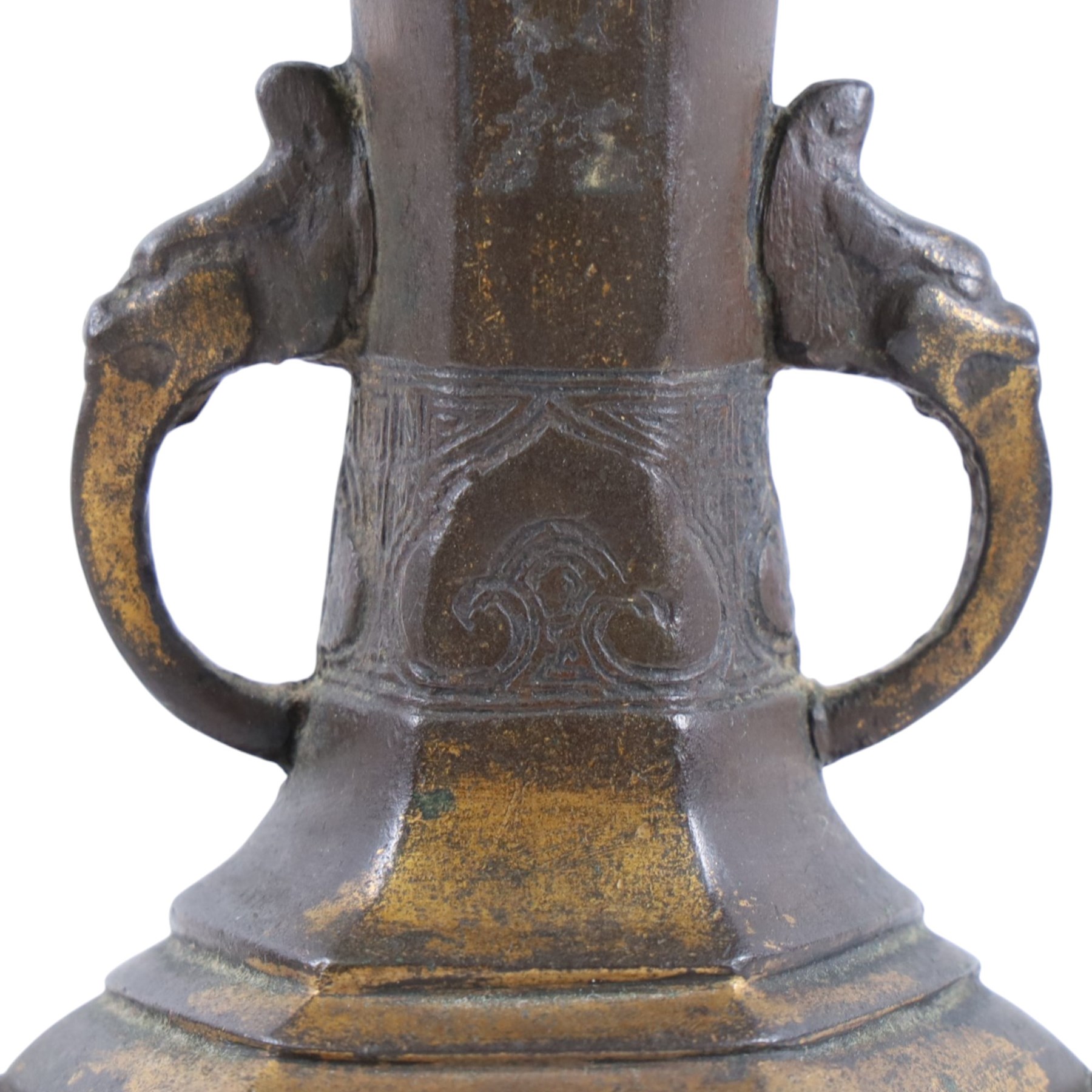 Pair of vases, of Hexagon form with chilong handles, together with tripod censer, and two further pots 