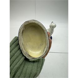 Pair of Staffordshire figures modelled as chained Dalmatians seated upon cobalt blue oval bases, H13cm, together with a Staffordshire pastille burner modelled as a castle, H12cm, a pair of 19th century Derby potpourri pots (lacking covers), and an 18th century blue and white tea bowl 