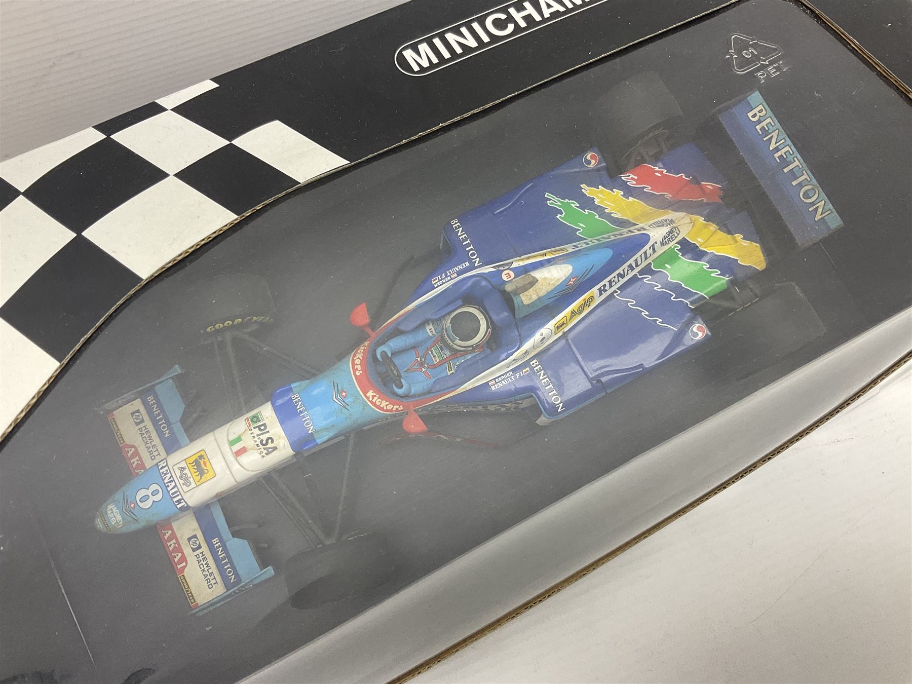 Three Minichamps 1:18 scale die-cast racing cars - Bar 01 Supertec R. Zonta 1999; Benetton b197 Renault G. Berger; and Benetton F1 G. Fisichella; all boxed (3)