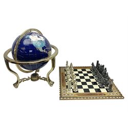 Polished hardstone terrestrial globe, together with chess board and part set of chess pieces, globe H50cm
