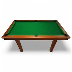 Riley - convertible snooker dining table, with green baize playing surface and removable twin-panel mahogany-effect dining top, raised on square tapering legs, complete with four matching chairs, includes; four cues, a set of snooker balls, triangle, baize brush, chalks, scoreboard, cross rest, spider rest