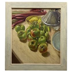 Neil Tyler (British 1945-): 'Bramleys and Rhubarb', oil on board signed and dated '90, titled verso 59cm x 52cm
