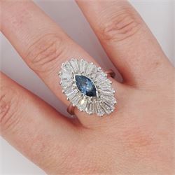 14ct white gold sapphire and diamond cluster ring, single unheated marquise cut teal sapphire of approx 0.93 carat, with tapered cut diamond surround, total diamond weight approx 2.20 carat, with Alan Poultney Gems report