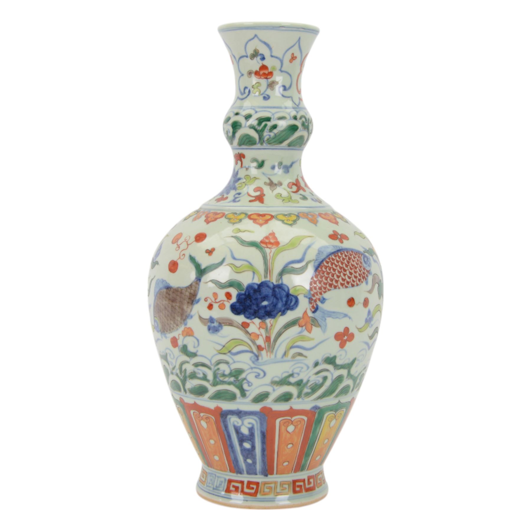 20th century Chinese doucai vase, the body of ovoid form with waisted and knopped neck, decorated with swimming fish amongst plants in underglaze blue and polychrome enamel, the body bearing spurious character mark for  Hsuan Te, H44cm