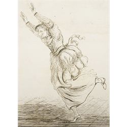 James Sayers (British 1748-1823): 'Delpini à la Rossi - Grace was all in her Steps', late 18th century satirical etching pub. Thomas Cornell 1794, 33cm x 27cm with full margins (unframed)
Notes: Delpini was a well-known Italian performer/clown, here, falling mid-dance in imitation of the celebrated ballerina Rossi. 