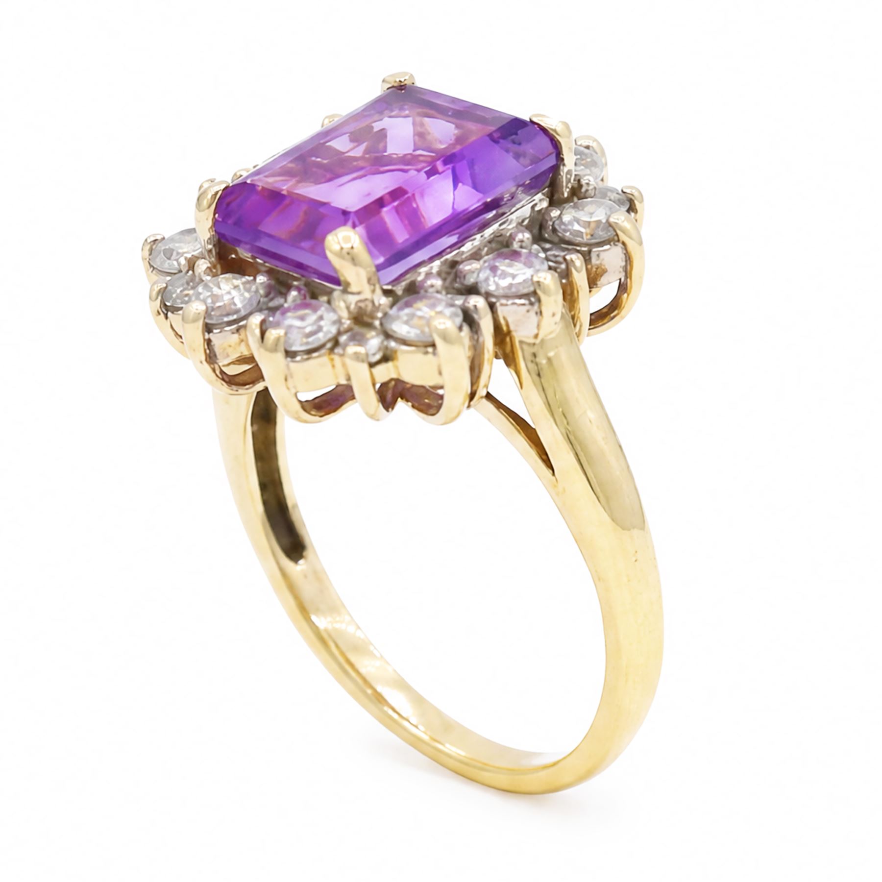9ct gold amethyst and cubic zirconia cluster ring, hallmarked