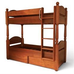 Modern cherrywood single bunk beds, with ball finials, curved headboard and footboard, ladder and chrome hand rail, raised on turned supports, with two base drawers