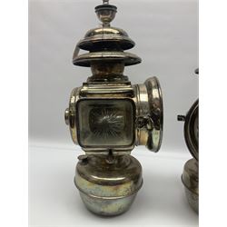 Pair of Lucas King of the Road oil-illuminating side-lamps,
chrome bodies, with star cut glazed glass panels and urn finials, possibly model no 644, H44cm