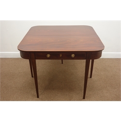  Edwardian inlaid mahogany folding tea table, single drawer with lions head handles, on  square tapering supports, W102cm, H75cm, D99cm  