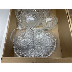 Four boxes of glassware to include painted vases, jugs, drinking glasses, art glass vase etc