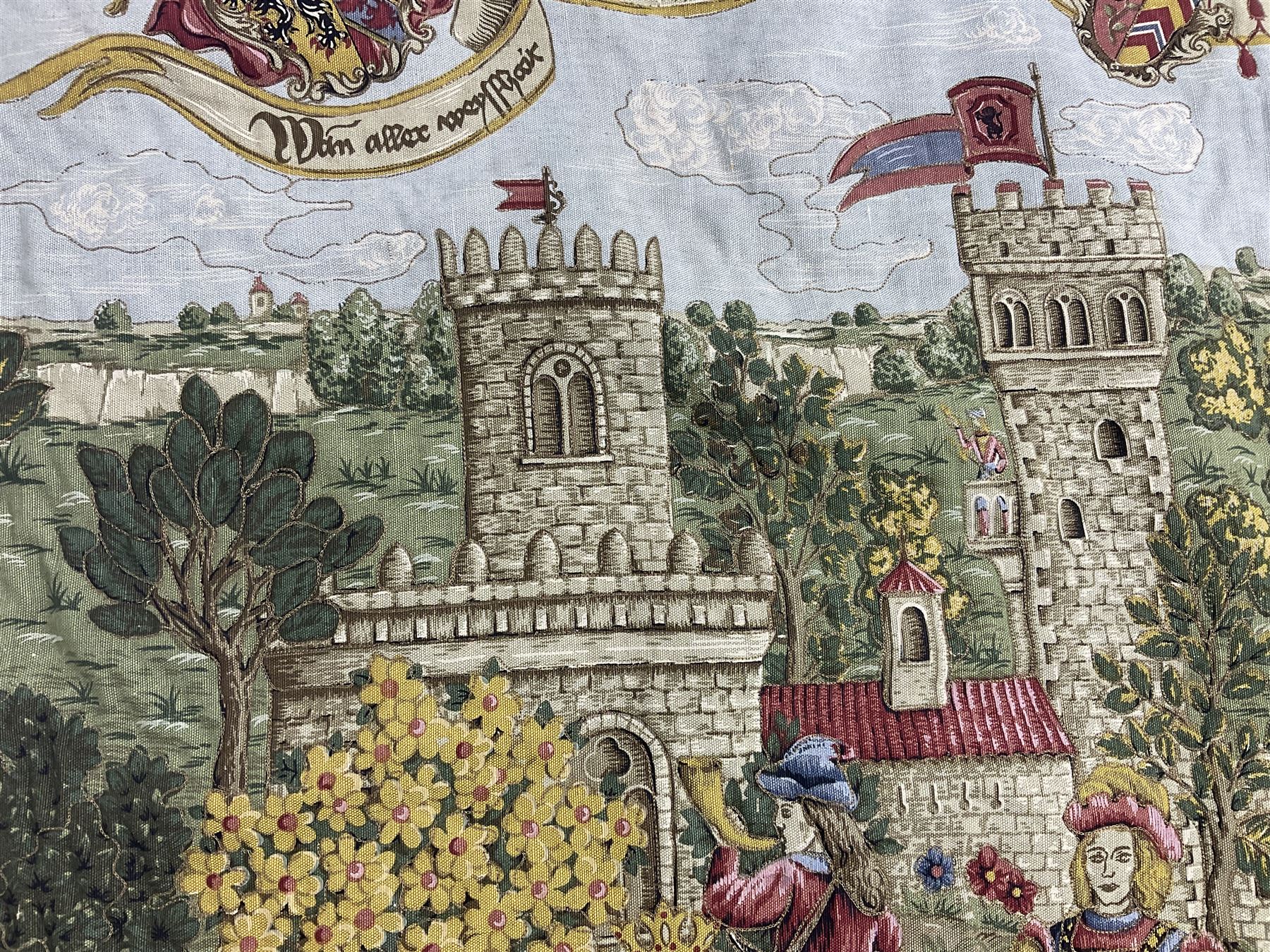 Medieval style German tapestry wall hanging suspended from carved oak pole depicting fairy-tale Rapunzel scene, H126cm W160cm approx 