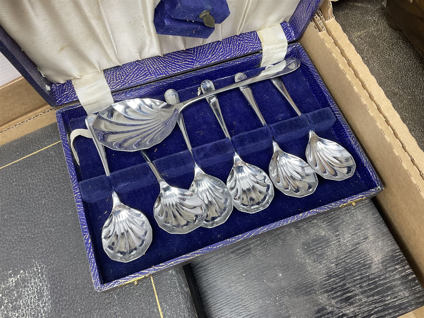 Cased canteens of fish knives and forks, together with part canteen in oak box and various other cased flatware, in two boxes 