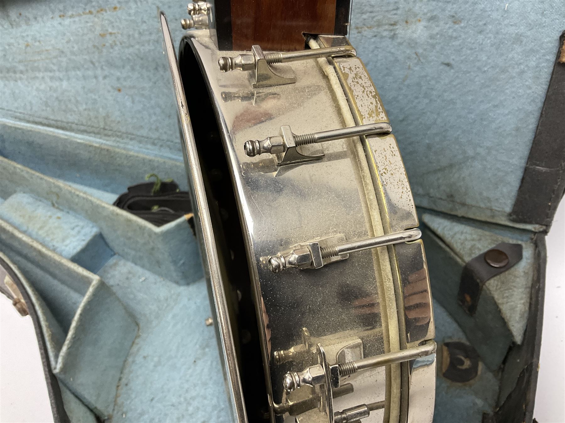 Five-string banjo by Clifford Essex Co. 15A Grafton Street, Bond Street, London W, with mother-of-pearl inlaid ebony fingerboard L92cm; in carrying case with strap