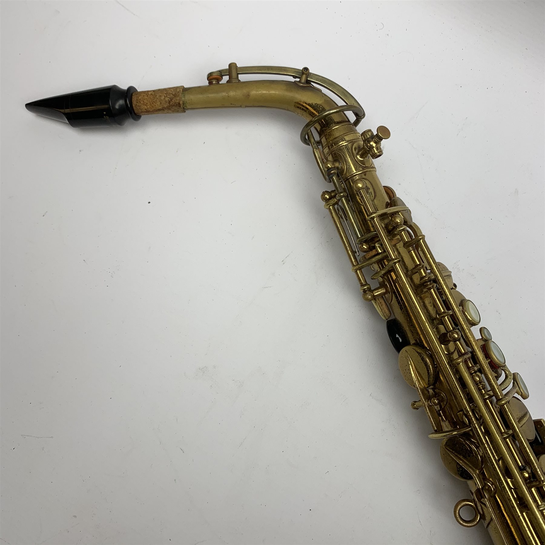 Elkhart 'The Buescher' True-Tone Low Pitch alto saxophone, serial no.147605, in Hiscox Liteflite carrying case with crook