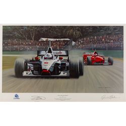After Gerald Davison Coulson (British 1926-2012): ‘The Flying Scotsman’ and ‘Damon’s First – Hungary 1993’, together with Alan Fearnley (Yorkshire 1942-): ‘Alan Jones’ and Tony Smith (British 20th Century): ‘Damon’s Dream’, set of four limited edition Formula 1 themed prints signed and two signed by drivers David Coulthard and Alan Jones in pencil max 40cm x 61cm (4)