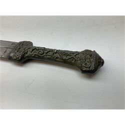 19th century Khanjali dagger, 33.5 cm double edged fullered blade with stamped makers marks, ornate cast grip, with engraved white metal scabbard, 46cm overall