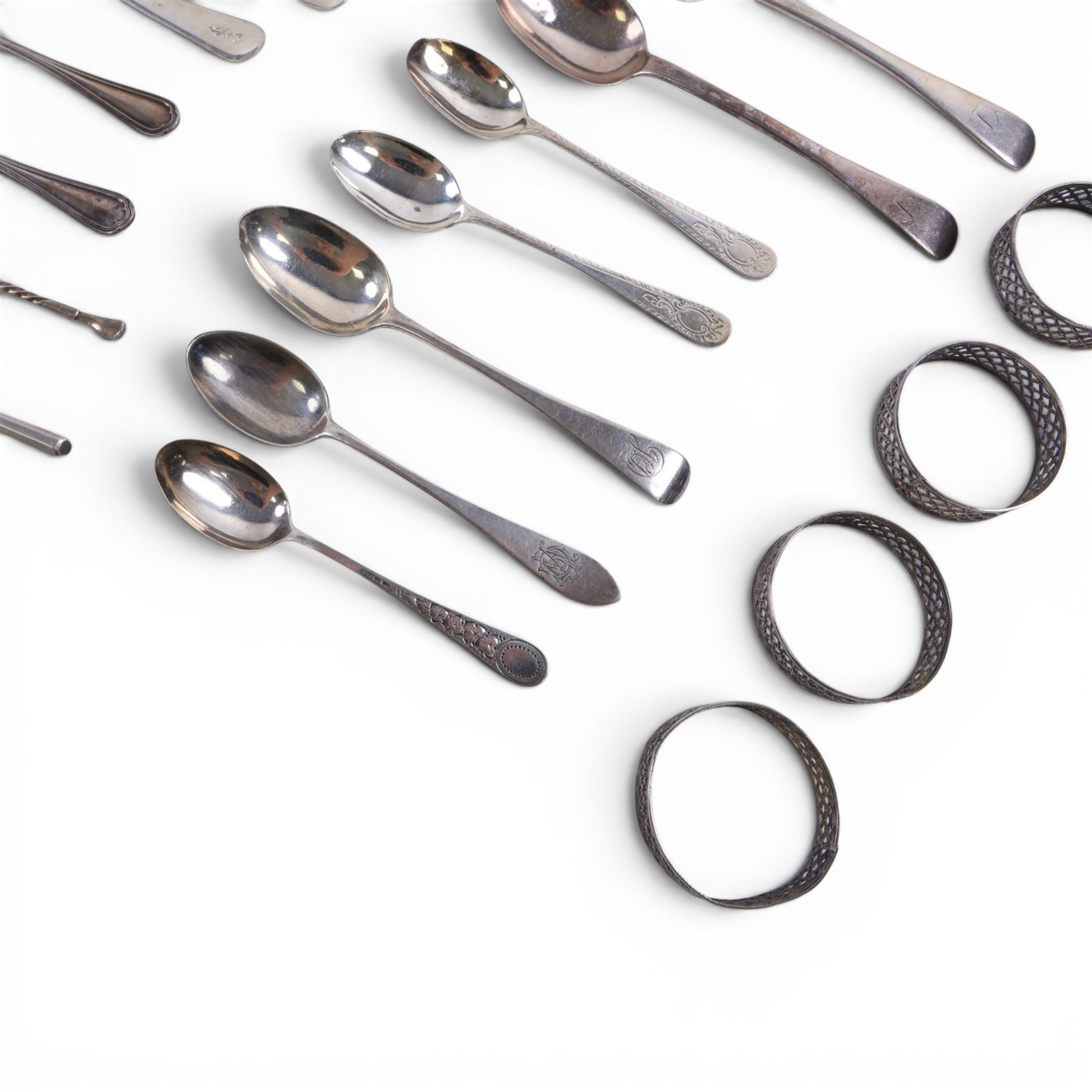 Collection of Victorian and later silver flatware, all hallmarked and four silver wirework napkin rings 