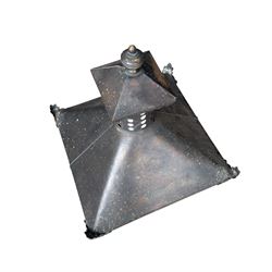 Early 20th century brass and cast iron garden lantern or street light, turned finial over four panel glazed body, cast iron base