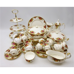  Royal Albert 'Old Country Roses' coffee service for six persons, part tea ware and dinnerware comprising, ten dinner plates, two tureens, jug, gravy boat, three tier cake stand, coffee pot, six cups, saucers and tea plates, sugar bowl, milk jug, four large tea cups and saucers and two tea cups and saucers   
