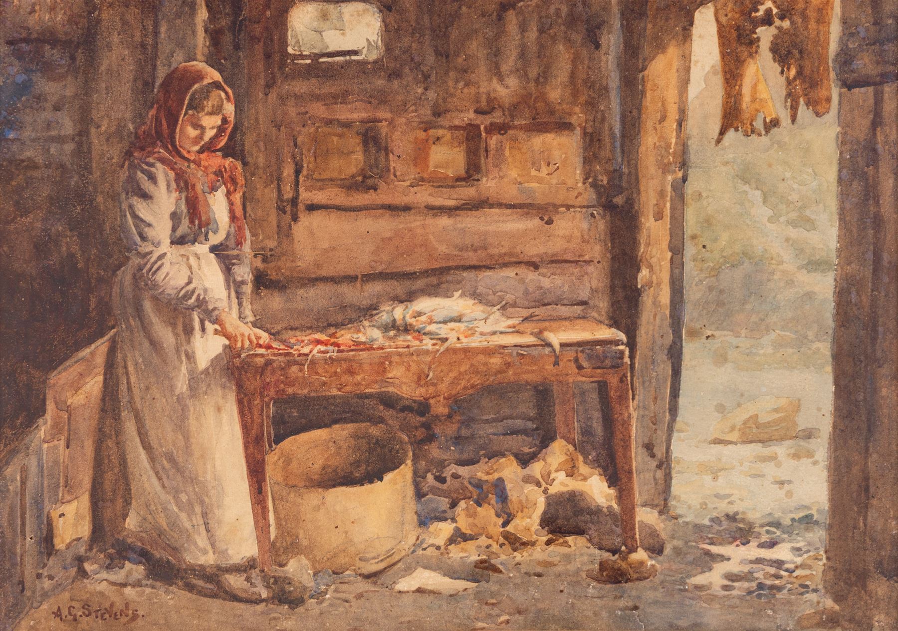 Albert George Stevens (Staithes Group 1863-1925): Girl Preparing Food, watercolour signed 24cm x 34cm