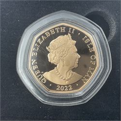 Queen Elizabeth II Isle of Man 2022 'Platinum Jubilee The National Anthem Gold Proof 50p Set' comprising five gold proof fifty pence coins with selective platinum plate, cased with certificate