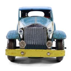 Mettoy large scale tinplate clockwork Rolls Royce, circa 1940, with cream body, blue roof and bonnet, red interior with driver, fixed key mechanism,  with electric headlights, H12cm, L35cm