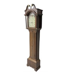 W Sargent of Boston (Lincs) - late 18th century oak cased 8-day longcase clock, with a deep swans necked pediment and brass paterie, break arch hood door with a dog tooth moulding above and detached reeded pilasters with brass capitals, trunk with canted corners and recessed pilasters, long trunk door with a pointed top and central lock escutcheon, on a shortened plinth with applied skirting, painted dial with a moon disc to the arch and spandrels with depictions of fruit within gesso borders, Roman numerals with Arabic five minutes and matching steel hands, date aperture and seconds dial, dial pinned via a false plate to a rack striking movement, striking the hours on a cast bell. With pendulum and weights.