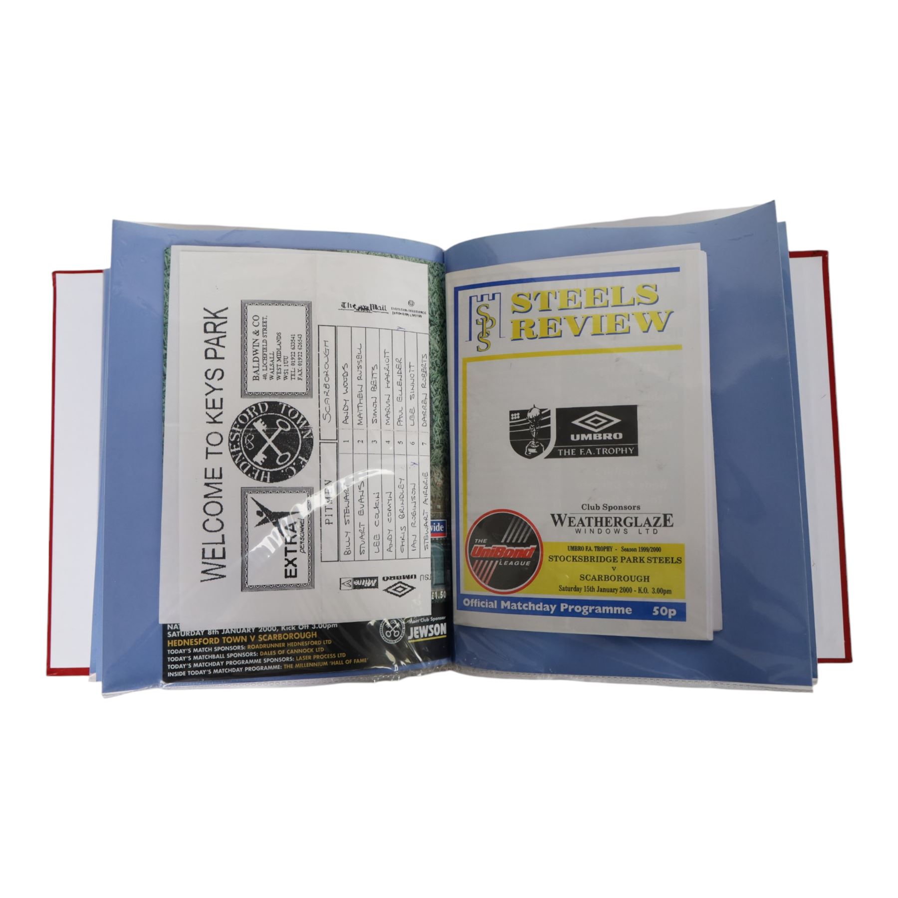 Comprehensive collection of approximately two hundred and twenty Scarborough FC football programmes for the 1999/00, 2000/01, 2001/02 and 2002/03 seasons, all filed within eight dedicated Scarborough FC red Home and Away binders
