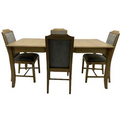Windsor by Mark Devany oak rectangular extending dining table, with butterfly leaf, and four chairs with upholstered seats and backs