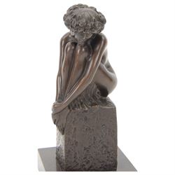 Bronze Virgo figure, modelled as a nude female with floral wreath and holding knees to her chest, signed Pino to base, upon marble plinth, H24cm 