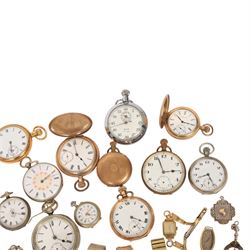 Omega De Ville Dynamic dial, Omega case and movement parts and watch strap buckle, collection of gold-plated and nickle pocket watches including Waltham Traveller half hunter and other wristwatches
