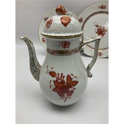 Herend Chinese Bouquet Rose pattern tea service comprising teapot, coffee pot, open sucrier, six cups and saucers, six tea plates, cream jug and stand, milk jug, two teabag holders, preserve pot, two leaf shaped dishes, four egg cups, salt & pepper pots, pair side plates and another plate