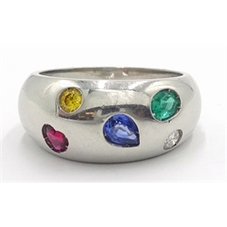  18ct white gold ring, set with yellow and white diamonds, emerald, ruby and sapphire hallmarked  