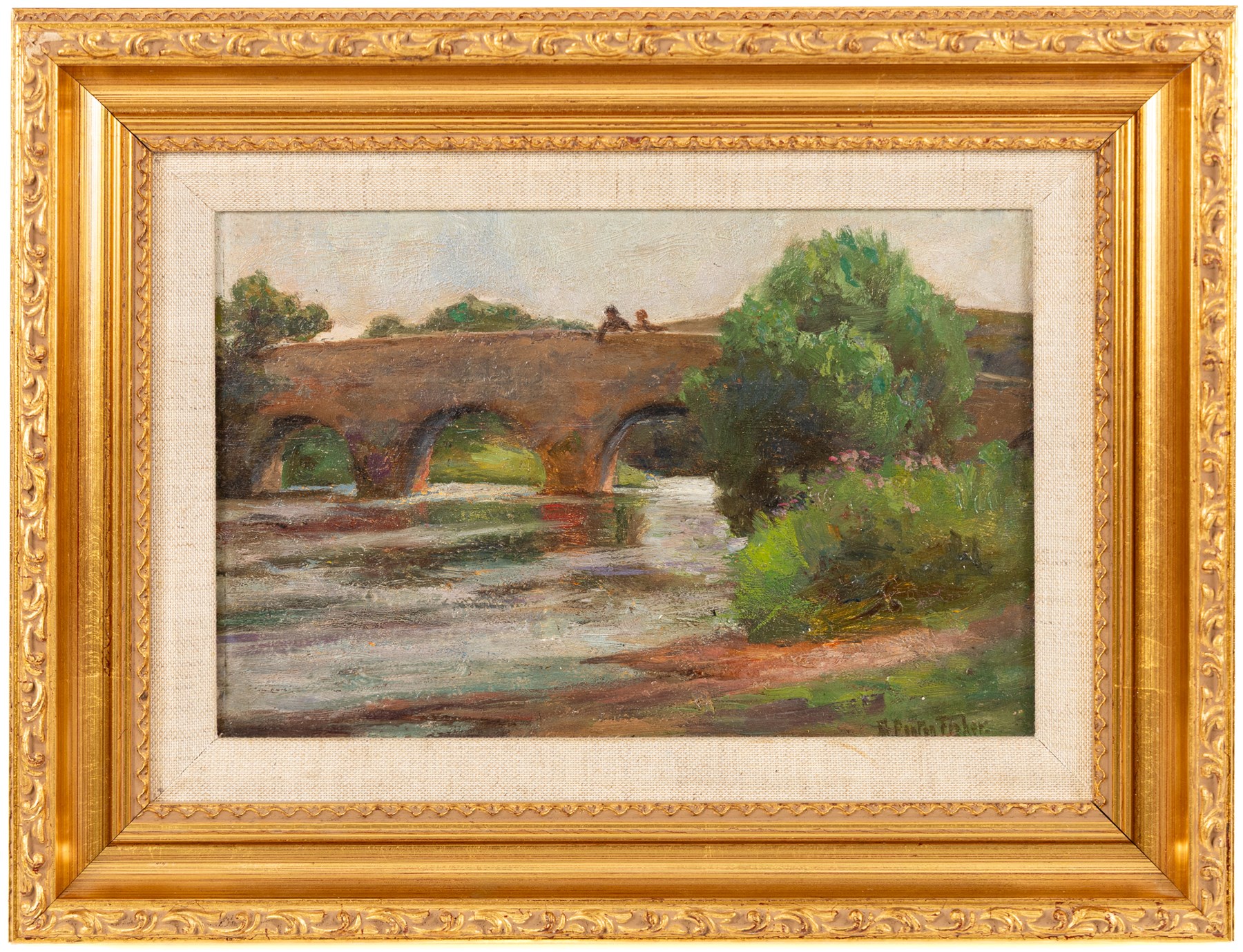 George Penton Fisher (British 1871-1914): Gazing Over the Bridge, oil on wood panel signed 15cm x 23cm