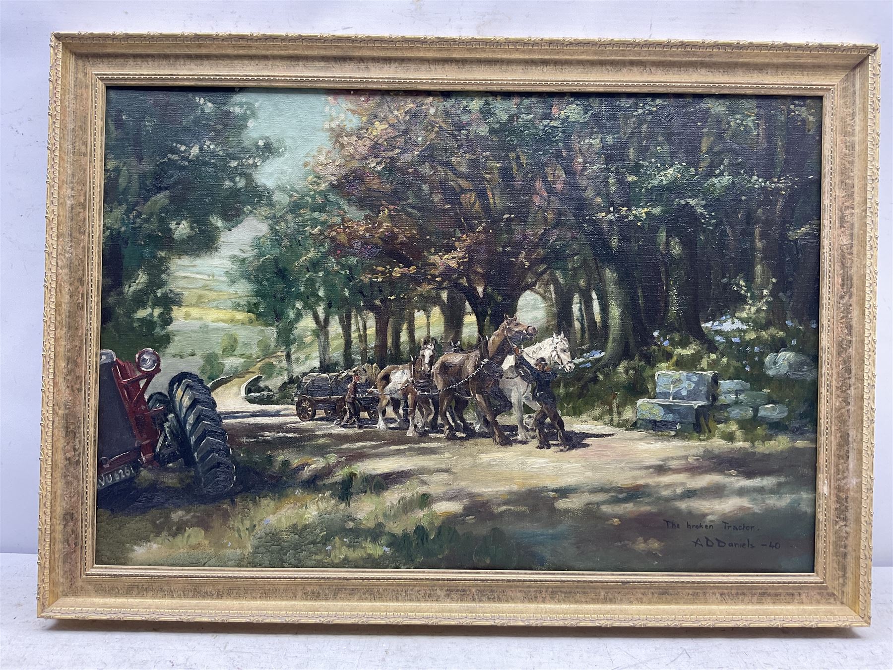 AD Daniels (British 20th century): 'The Broken Tractor', oil on canvas signed titled and dated '40, 50cm x 75cm