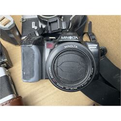 Large collection of cameras to include folding and SLR examples, including Rank Aldis, Agfa, Yashica, etc