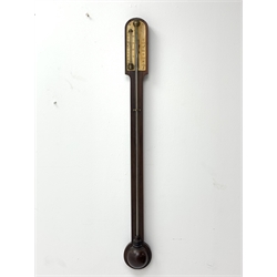 Early 19th century solid rosewood mercury stick barometer, inscribed ivory register, mercury thermometer, H93cm