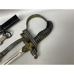 WW2 German Army Prinz Eugen Pattern Officers Dress Sword by Carl Eickhorn, the 80.5cm slightly curving fullered blade with makers name to the ricasso, gilt brass hilt with eagle to the cross-piece and relief of oakleaves to the ferrule, Prinz Eugen style down winged eagle to the pommel of the backstrap; grip retains the original wire binding; in original black painted scabbard with single hanging ring, leather hanger marked 'RZM M5/71 OLC' and silvered knot L97cm overall