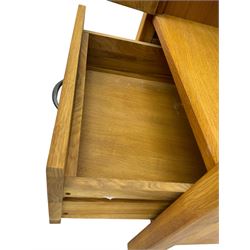 Laura Ashley - contemporary Milton oak display cabinet, featuring single door with two glass panels and pewter effect handle, enclosing one fixed oak shelf and two adjustable glass shelves, access hole at the bottom shelf, over single drawer with matching handle, on square legs