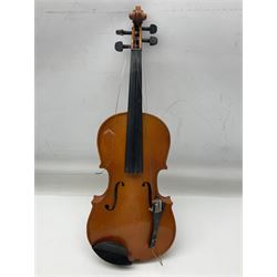 Four student violins - two Chinese three-quarter size with 33.5cm and 34cm two-piece backs; Stringers of Edinburgh quarter size with 28cm two-piece back; and Stentor quarter size with 28cm two-piece back; each in carrying case (4)