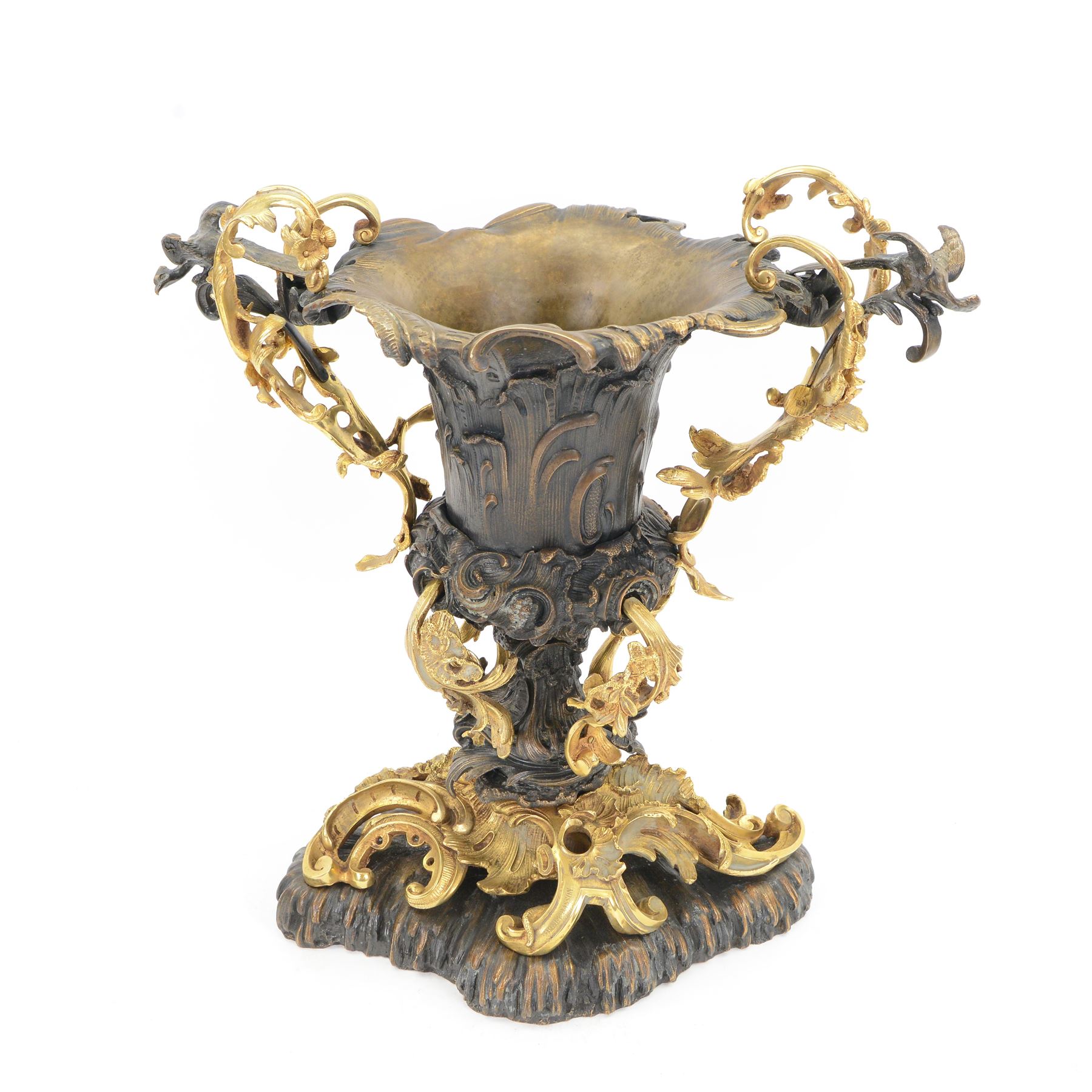After Henry Dasson (1825-1896): large French gilt bronze urn, the body of typical form and cast with C scrolls, with twin curved gilt foliate handles detailed with birds, upon a scrolling foot, and naturalistically cast base, impressed HENRY DASSON to foot, H50.5cm W48cm