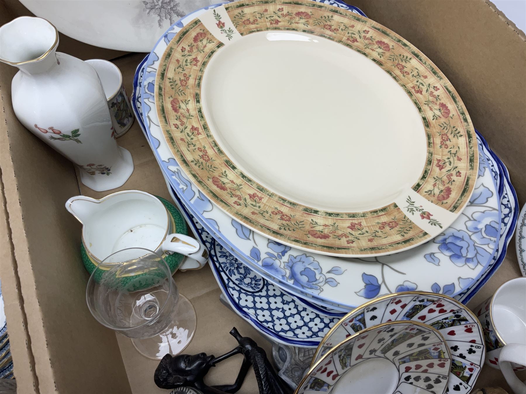 Portmeirion Botanic Garden jug, Poole Pottery planter, Denby coffee pot, Wedgwood Jasperware trinket box, Le Creuset oven dish and a collection of other ceramics, etc, in four boxes 