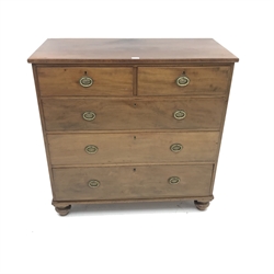 19th century mahogany chest fitted with two short and three long drawers, with urn decorated plate handles, turned feet, W109cm, H108cm, D51cm