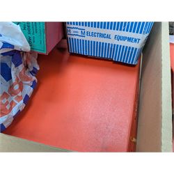 Hornby 'O' gauge 42380 No.2 Turntable, 43063 Points and 42320 No. 1 Level Crossing, all boxed, together with two tin plate passenger coaches, Hornby 'O' gauge LMS tender, three plastic 'O' gauge wagons, Hornby mechanisms, HM Duette Transformer Controller and other accessories