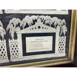 Four Victorian memorial cards, each with pierced and embossed borders, in period mahogany frame