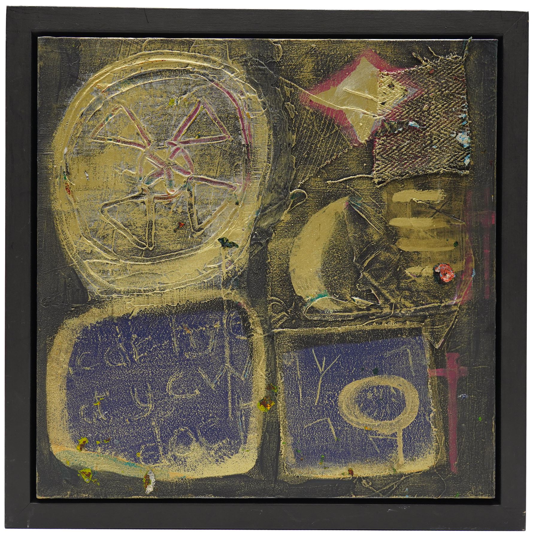 Gillian Ross Kelsey (British 1935-2025): 'Runes', mixed media on board unsigned 35.5cm x 35.5cm