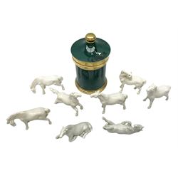Portmeirion Malachite pattern jar and cover designed by Susan Williams-Ellis, together with a eight Viennese white glazed porcelain figures, modelled as horses in various poses, in one box 